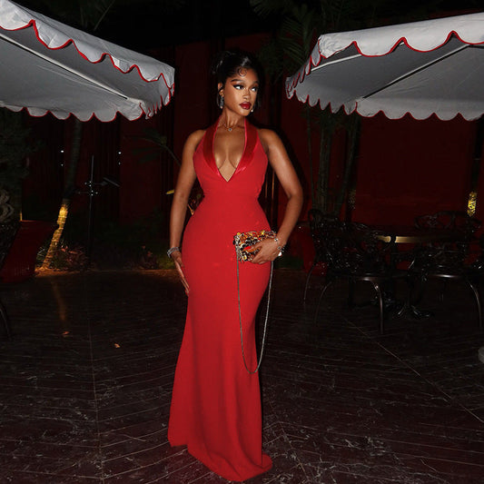 Sleeveless Deep V Plunge-neck Halter Backless High Waist Dress
