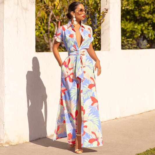 Printed Short Sleeved Lace up Cardigan Collared Dress