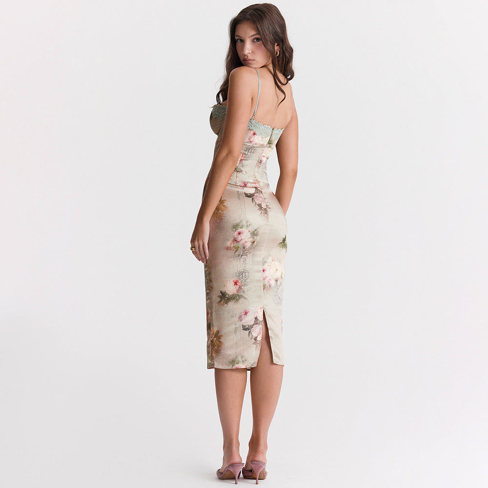 Lace Cami Dress Backless Sheath High Waist Midi Dress Printed Dress for