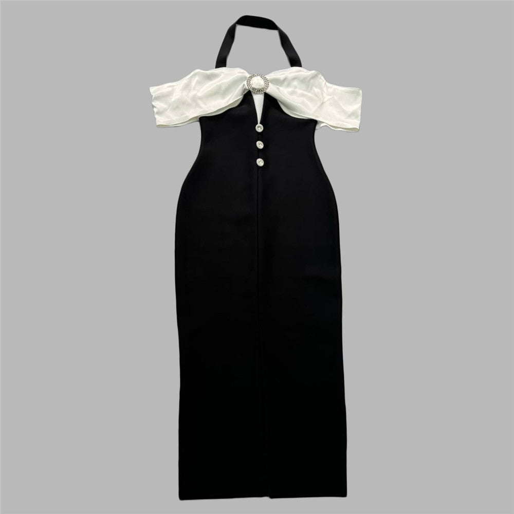 Black White Contrasting Color Slits Halter Dress Socialite Elegant Party Dress Bandage Dress