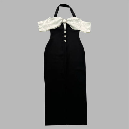 Black White Contrasting Color Slits Halter Dress Socialite Elegant Party Dress Bandage Dress