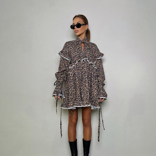 Printed Dress Flared Sleeves Lace up