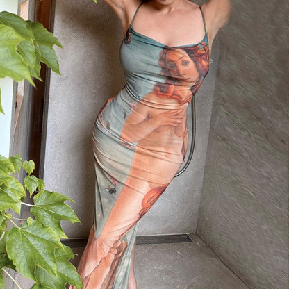 Figure Printed Sling Dress Sleeveless Split Slim Fit Maxi Dress