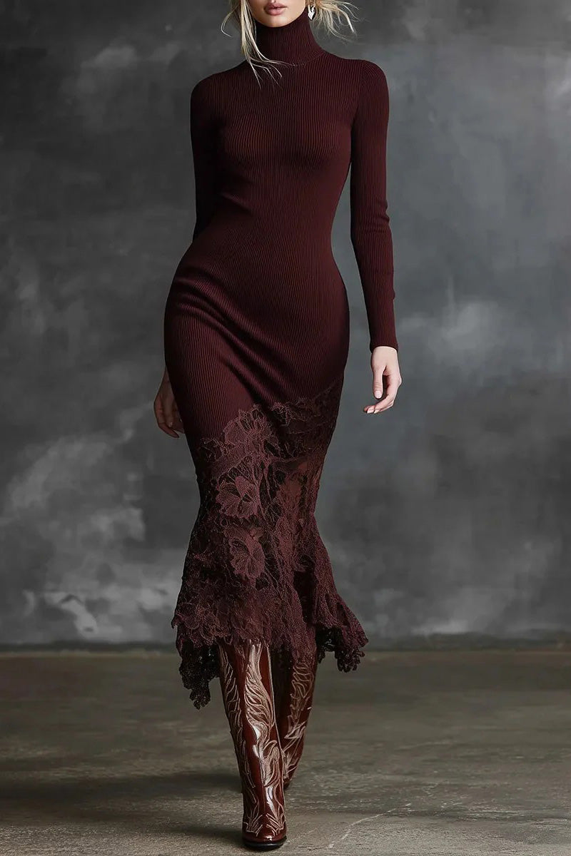 Elegant High-neck Lace Hem Burgundy Maxi Dress