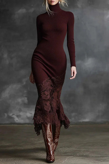 Elegant High-neck Lace Hem Burgundy Maxi Dress