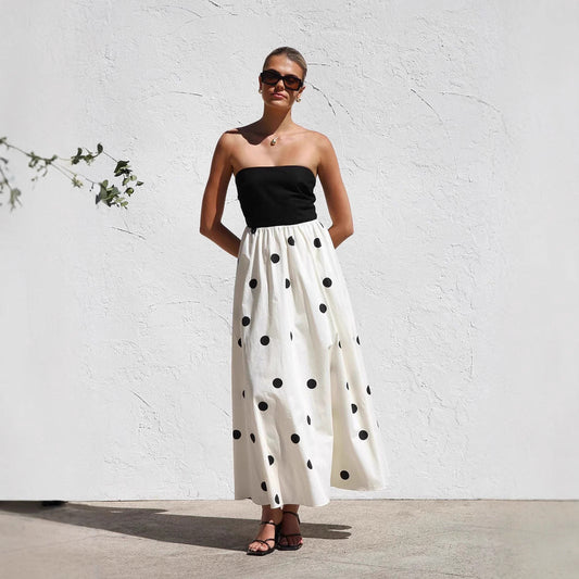 Polka Dot Printing Stitching Wrapped Chest A Swing Maxi Dress