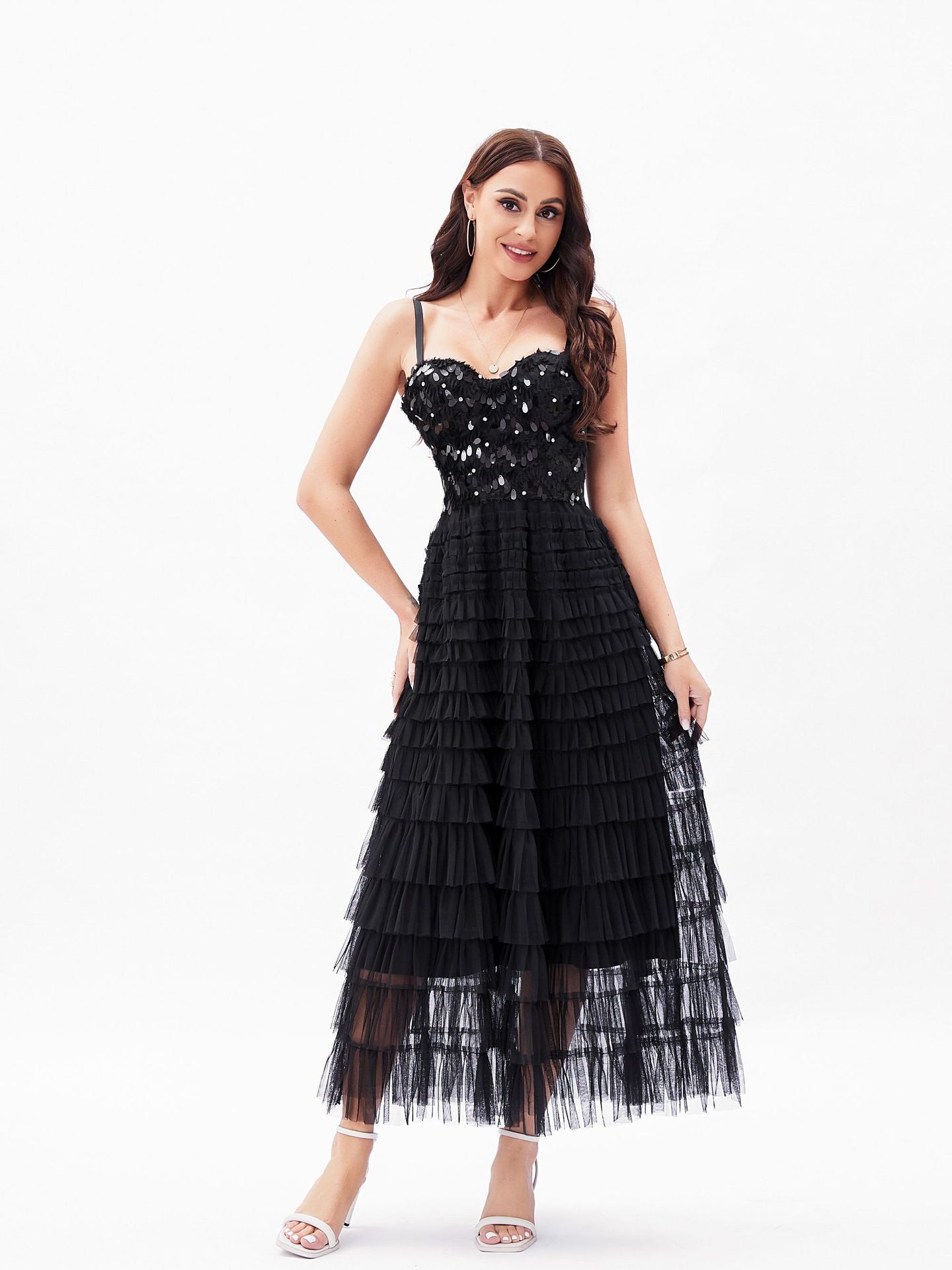 Socialite High Sense Black Paillette Beauty Back Underwear One Piece Dress Boning Corset Sling Multi-Layer Tiered Dress