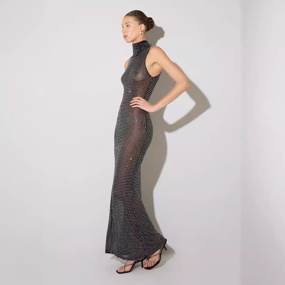 Sheer Cutout Maxi Dress Mesh Rhinestone Sleeveless Maxi