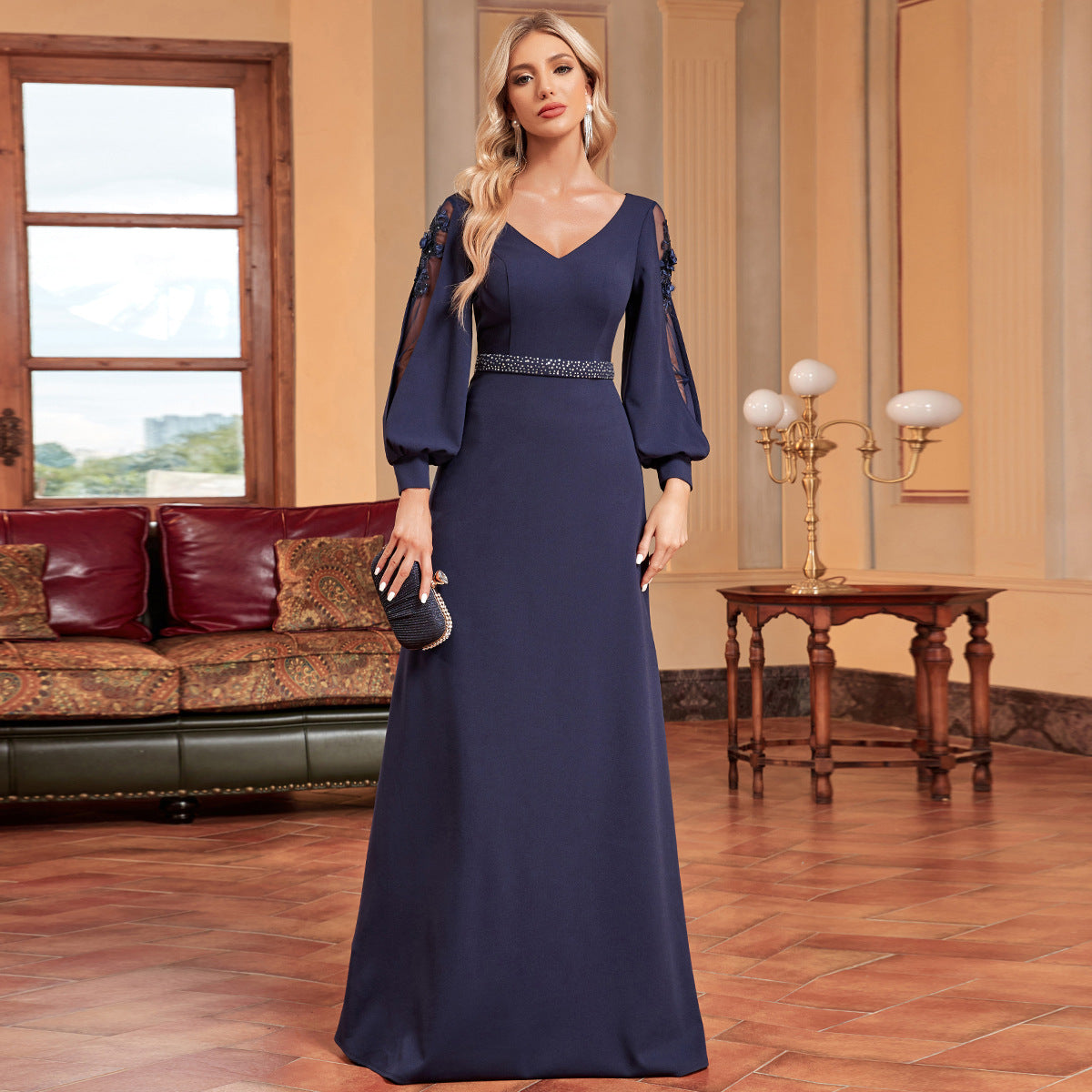 Long Sleeve Dress V neck Bead Maxi Dress Slim Fishtail Bridesmaid Cocktail Evening