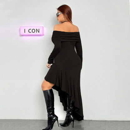 Elegant Dress  Boat Collar Wooden Ear Midi Dress