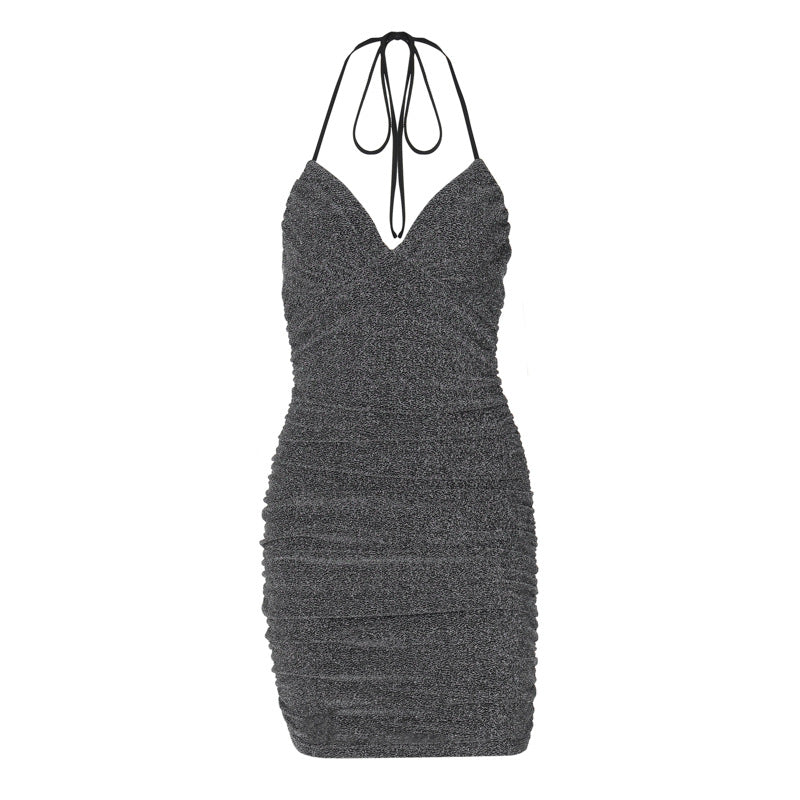 Pure Slip Dress Bright Silk V neck Halter Pleated Midi