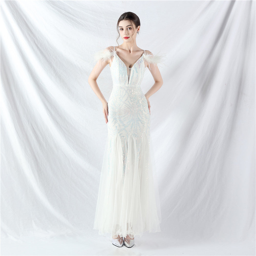 Color Craft Order Ostrich Feather Mesh Sequin Sling Dress Evening Dress