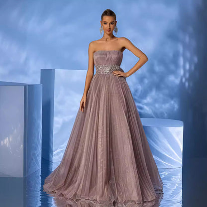 Formal Cocktail Evening Dress Tulle Tube Top Corset Floral Decorations High End Elegant Floor Dress