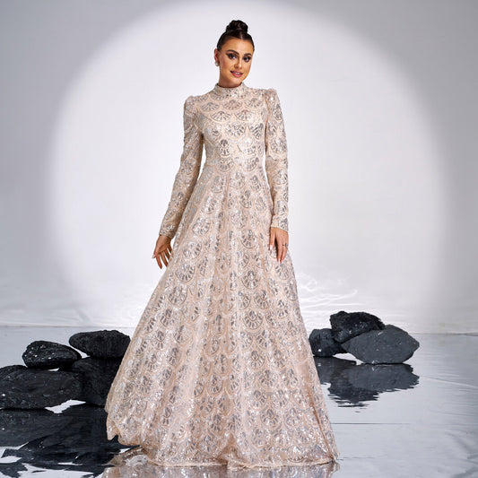 High End Long Sleeve Crew Neck Long Sequined Cocktail Evening Dress Bridesmaid Dress