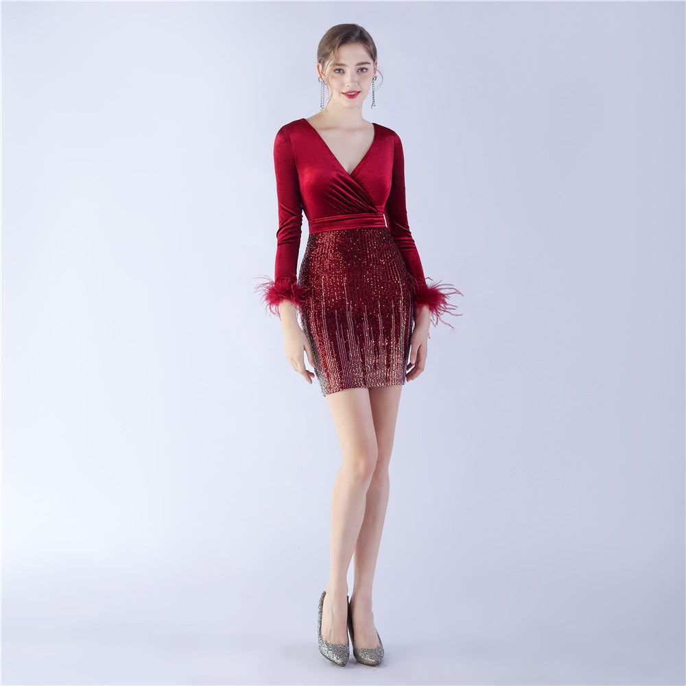 Ostrich Feather Sequin Velvet Stitching Hip Long Sleeve Short Nightclub Dress