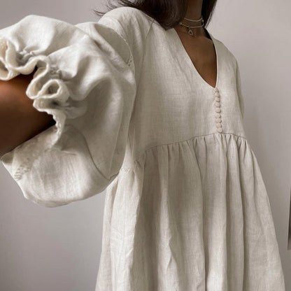 Cotton Linen French Dress Office V neck Lantern Sleeve Loose Dress