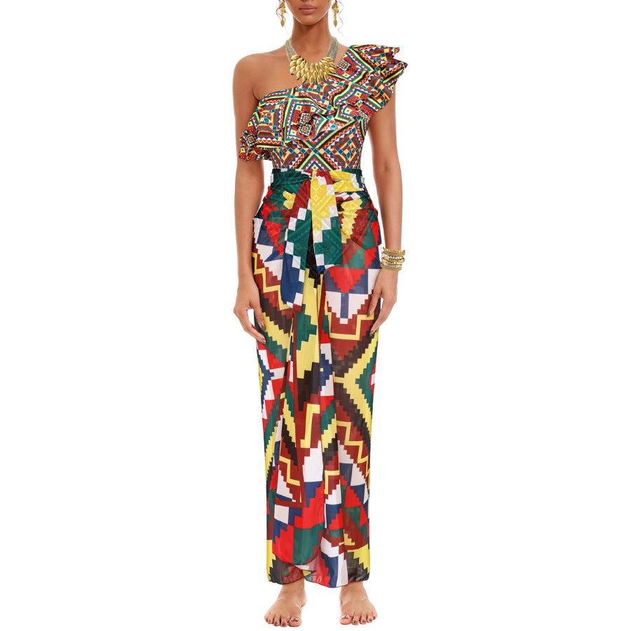 One Piece Swimsuit Bikini Ruffled Printed Swimsuit Chiffon Dress