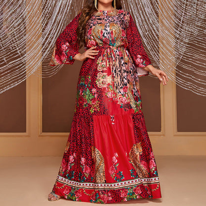 Plus Size Printed 3/4 Sleeves Dress Bright Red Featured Printed Maxi Dress