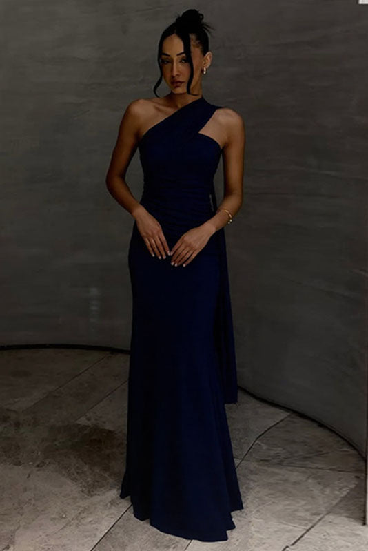 Dark Burgundy Draped Asymmetric Maxi Dress