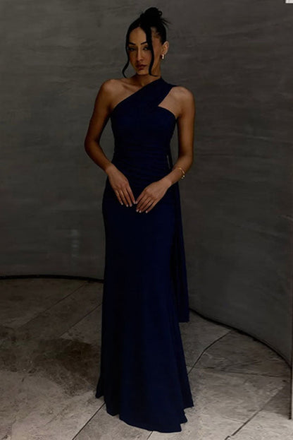 Dark Burgundy Draped Asymmetric Maxi Dress