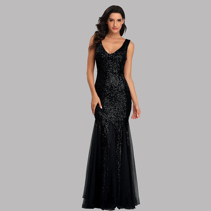 Sequin Stitching Mesh Mermaid Evening Dress Double V Neck Sleeveless Bridesmaid Elastic Dress