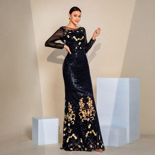 Long Sequined Long Sleeve round Neck Cocktail Evening Dress Bridesmaid