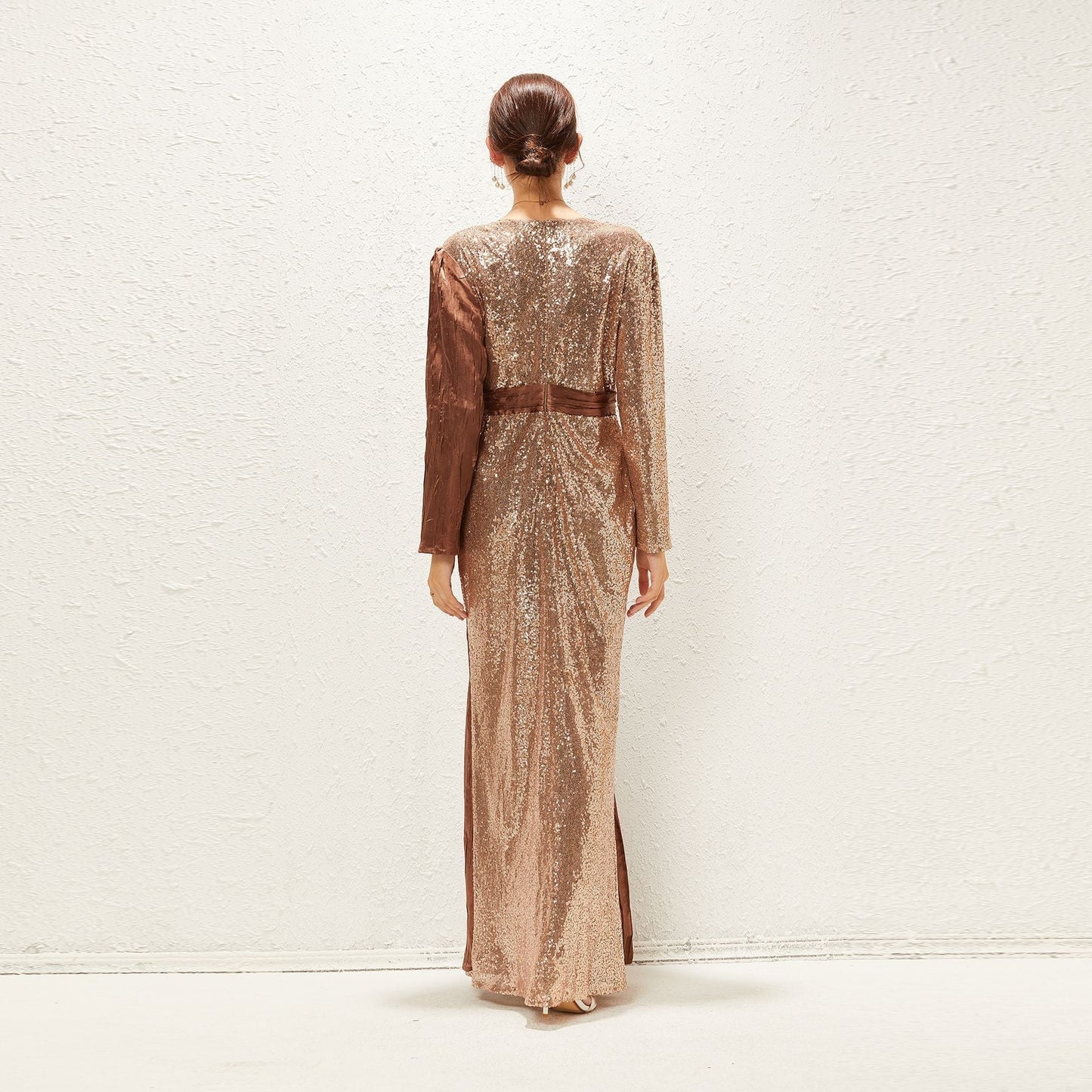 Elegant Embroidery Sequin Stitching Crumpled Satin Dubai Waist Trimming Maxi Dress Prom Formal Gown Maxi