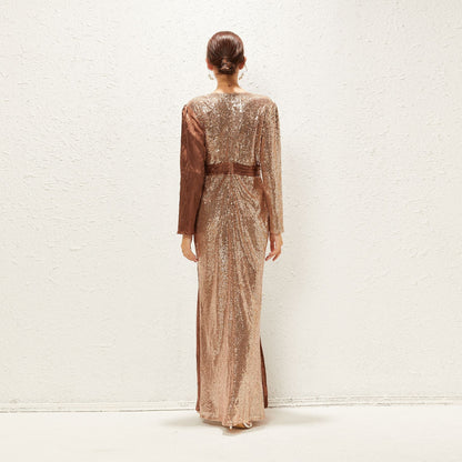 Elegant Embroidery Sequin Stitching Crumpled Satin Dubai Waist Trimming Maxi Dress Prom Formal Gown Maxi