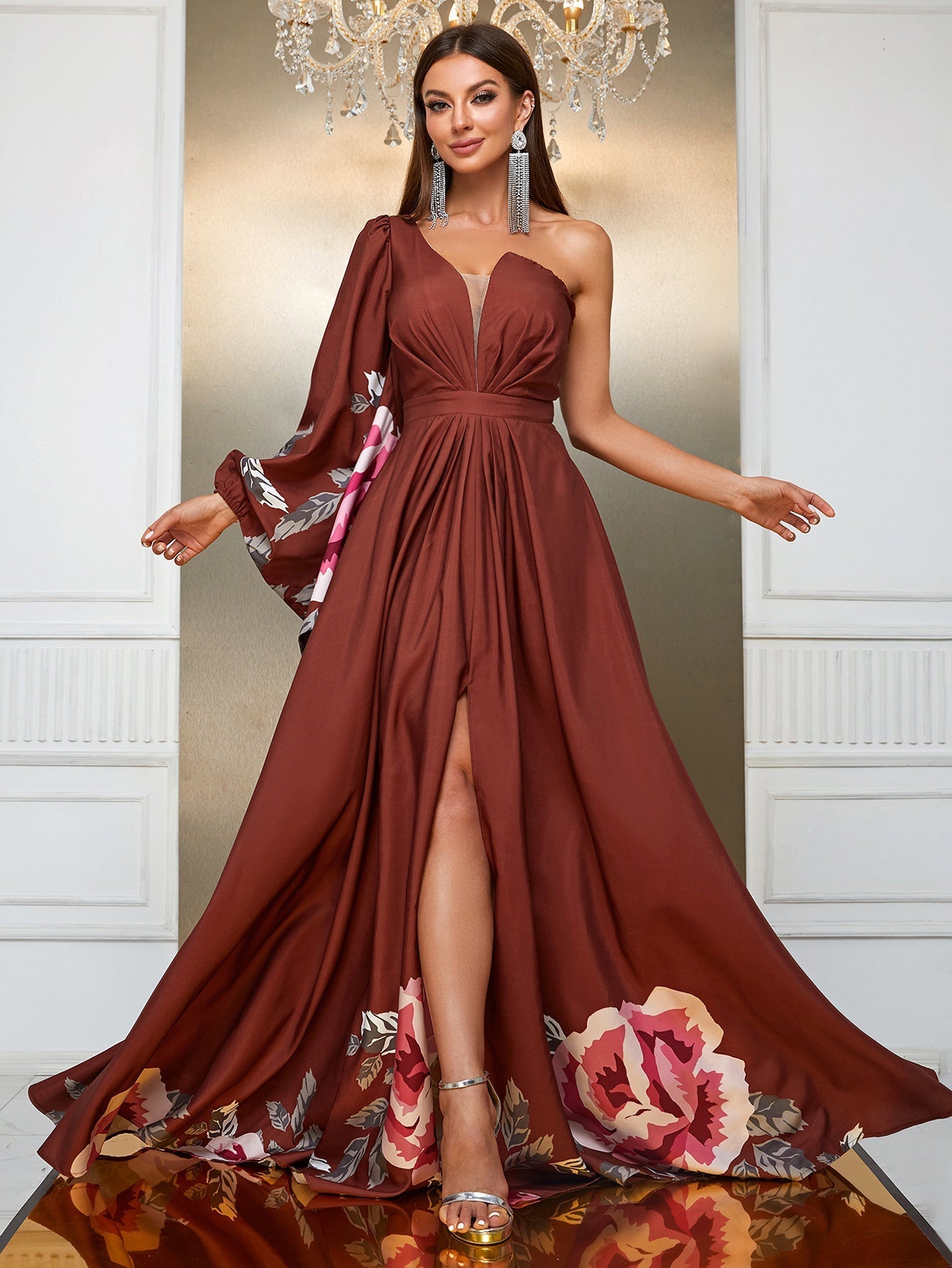 Design Maxi Dress Chiffon Single Sleeve Maxi Dress Split Print Dress