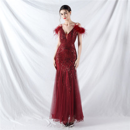 Color Craft Order Ostrich Feather Mesh Sequin Sling Dress Evening Dress