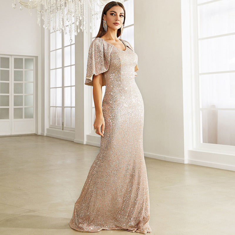 V Neck Sequ Cocktail Sheath Mid Length Bridesmaid Dress Evening Dress