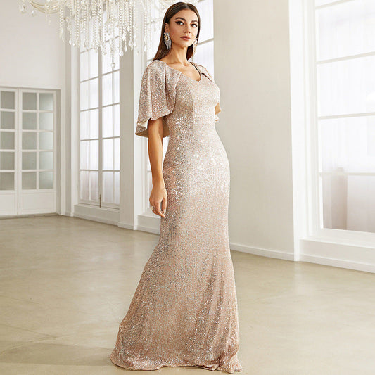 V Neck Sequ Cocktail Sheath Mid Length Bridesmaid Dress Evening Dress