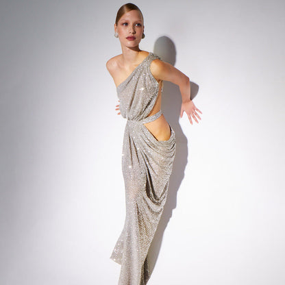 Silver One Shoulder Sequin Patchwork Slit Cropped Outfit Stretch Hip Formal Dress