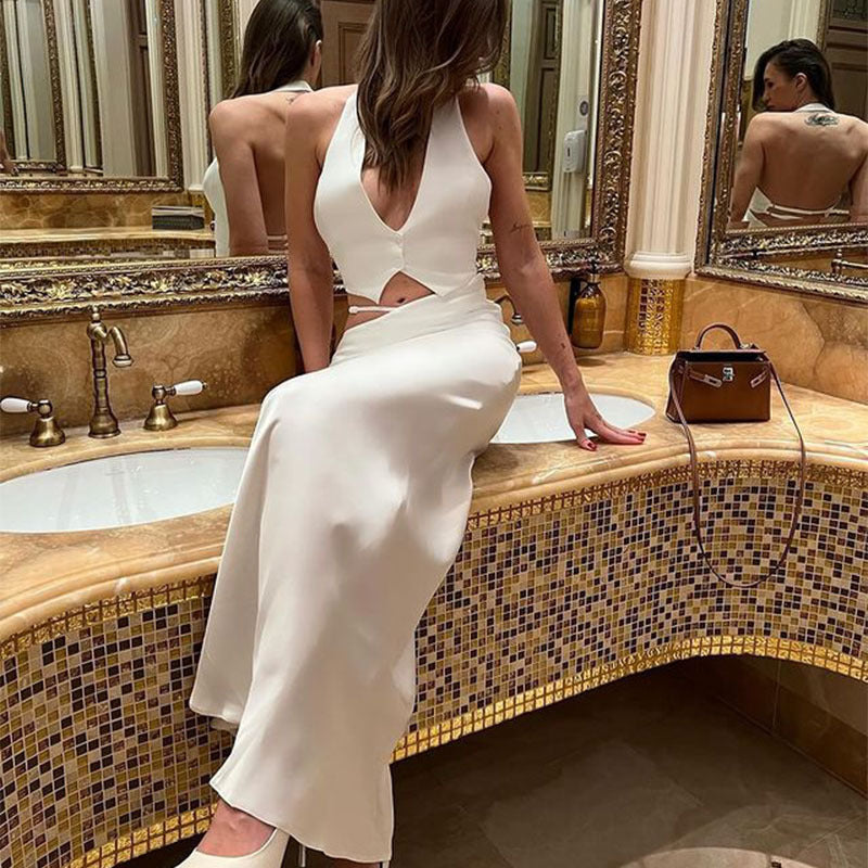 Halter Backless Deep V Plunge Top Sheath Dress Slim Fit Elegant Lady Suit