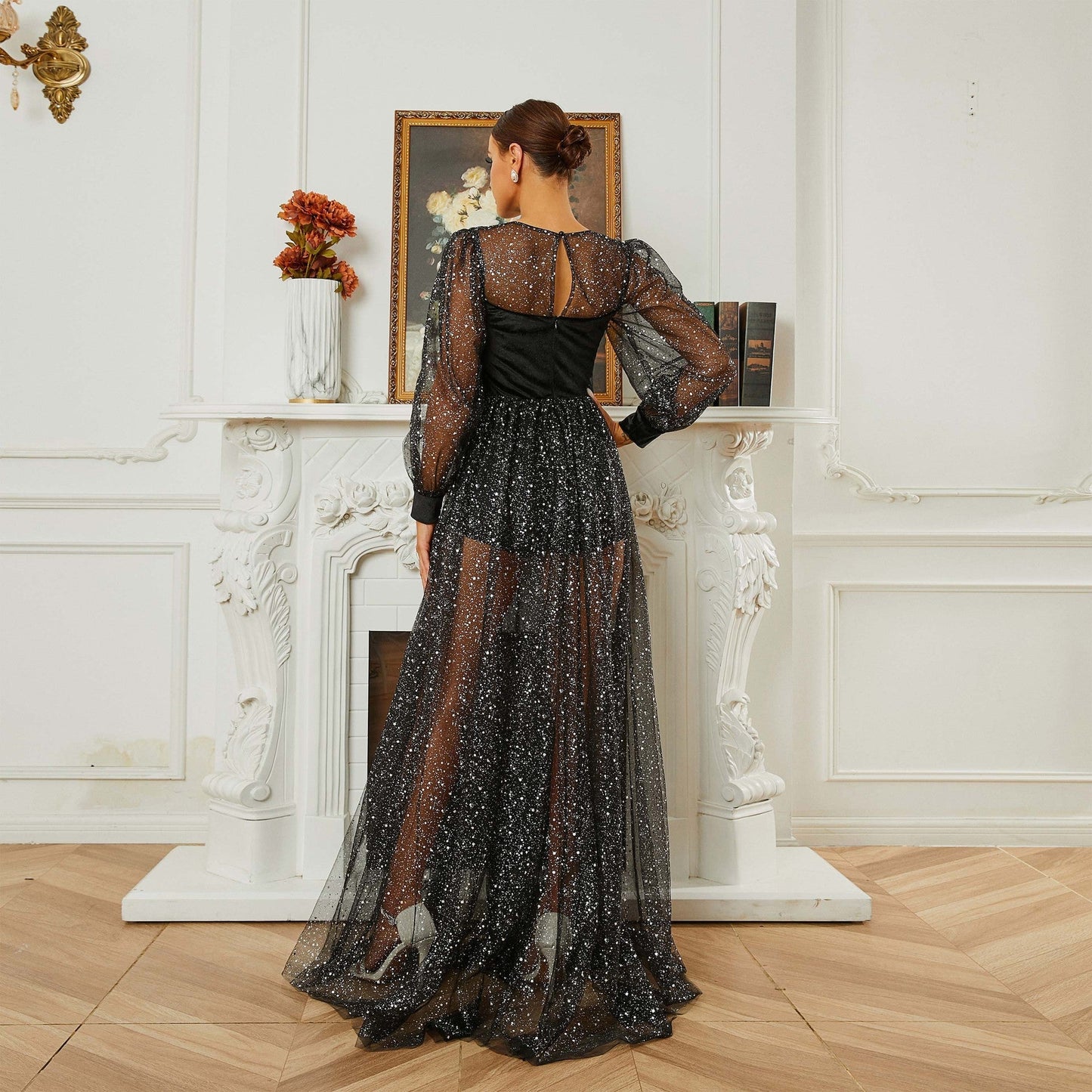 Long Sleeved round Neck Cocktail Sequin Gauze Large Swing Evening Dress Bridesmaid