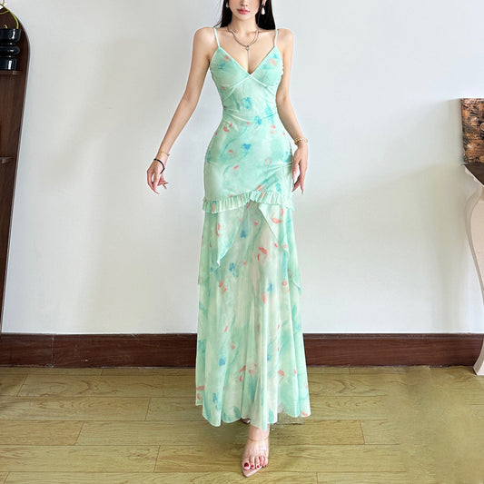 V-neck ruffled fishtail slim maxi dress