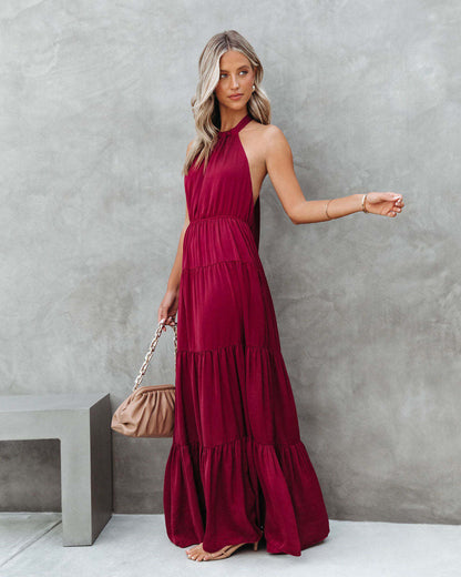 Elegant Halter Long Solid Color Dress for
