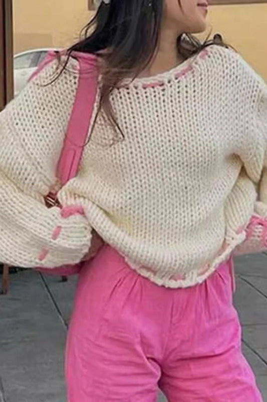 Tie-Drawstring Patterned Sweater Top