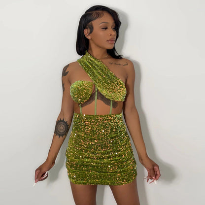 Green See-through Sequin Gauze Wrapped Chest Sloping Shoulder Backless Short Dress for