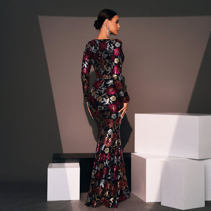 Evening Dress Long Sleeve Crew Neck Slim Long Sequined Cocktail Bridesmaid Dress