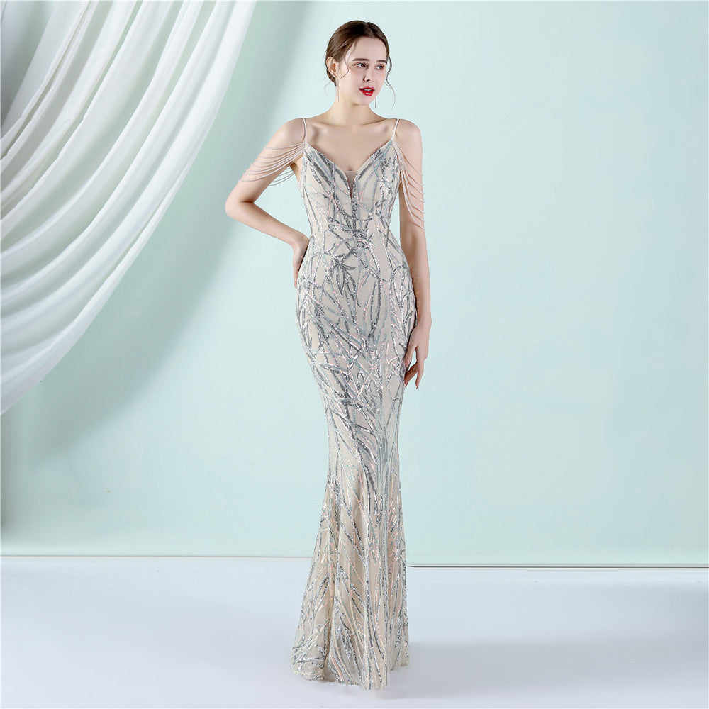 Sling Sequin Toast Dress Bride Long Appreciation Dinner Slim-Fit Fishtail Wedding Car Model Exhibition Dress