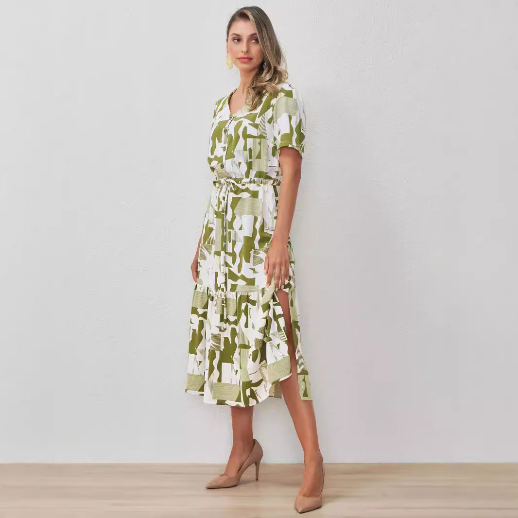 Cardigan Design Elastic Waisted Lace Side Slit Midi Dress