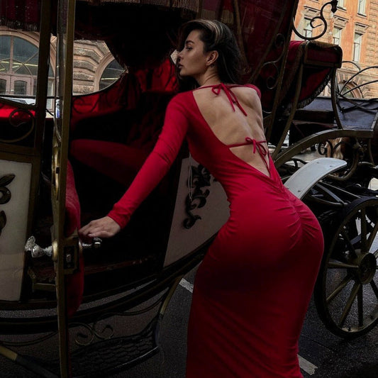 Hollow Out Cutout Backless Stitching Tied Halter Slim Fit Long Sheath Street