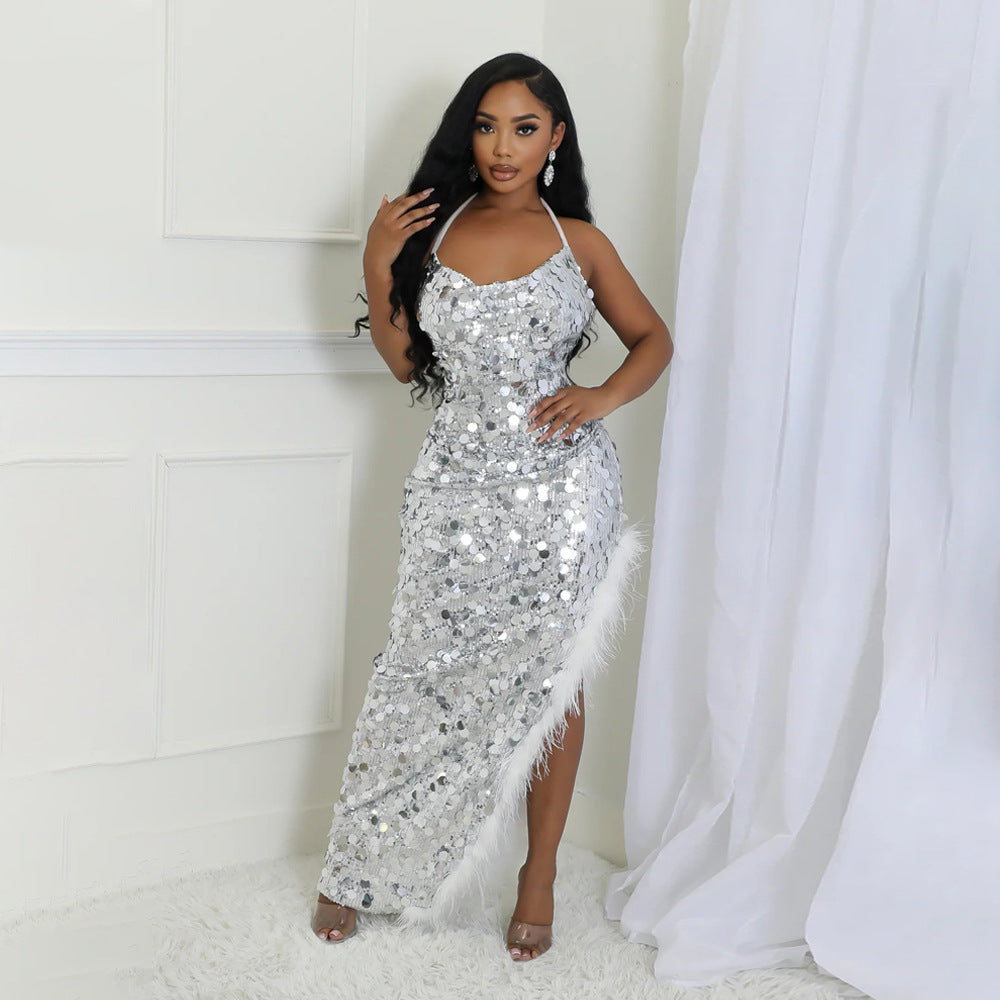 Sling Big Sequin Irregular Asymmetric Dress