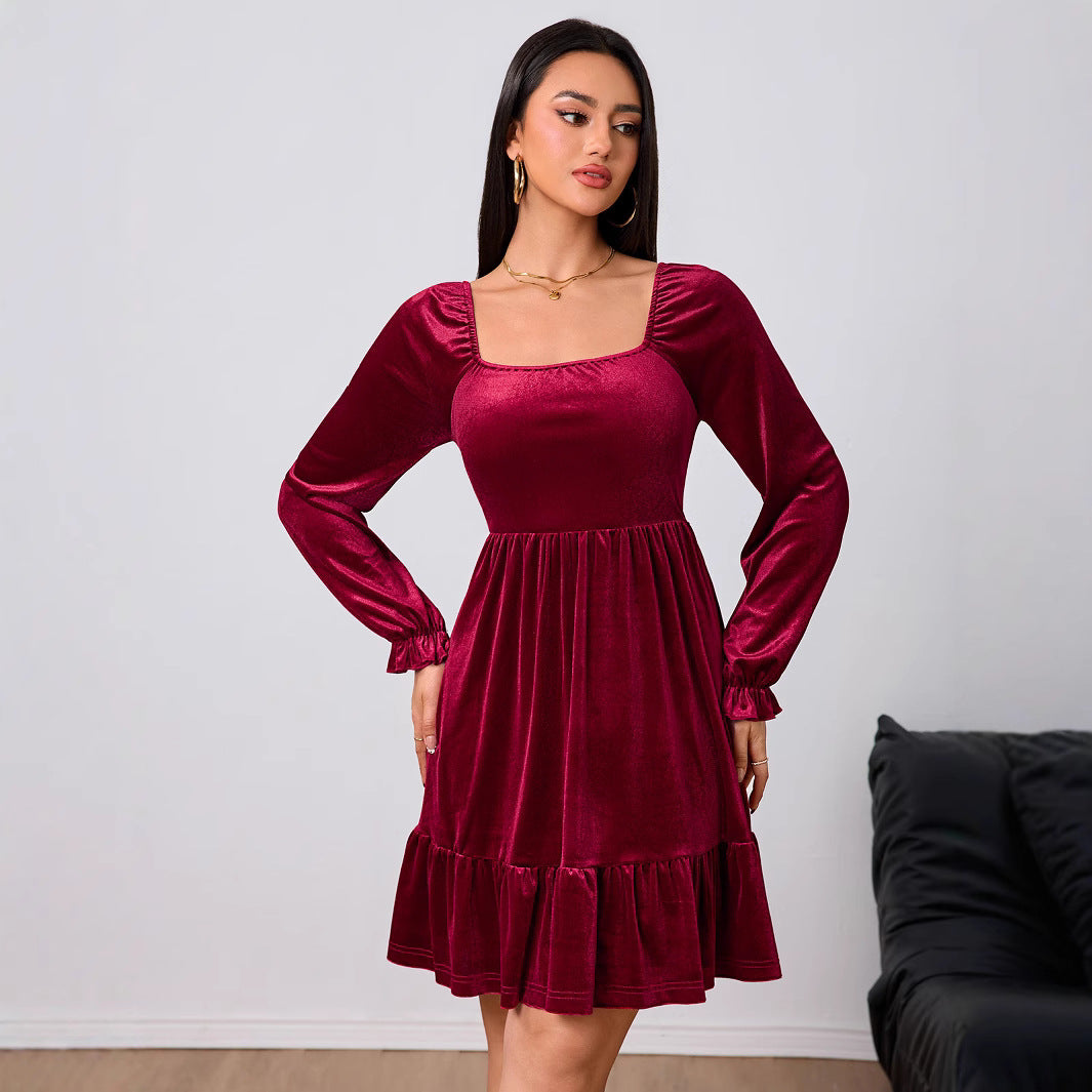 French Velvet Wine Red Dress  Midi Dress