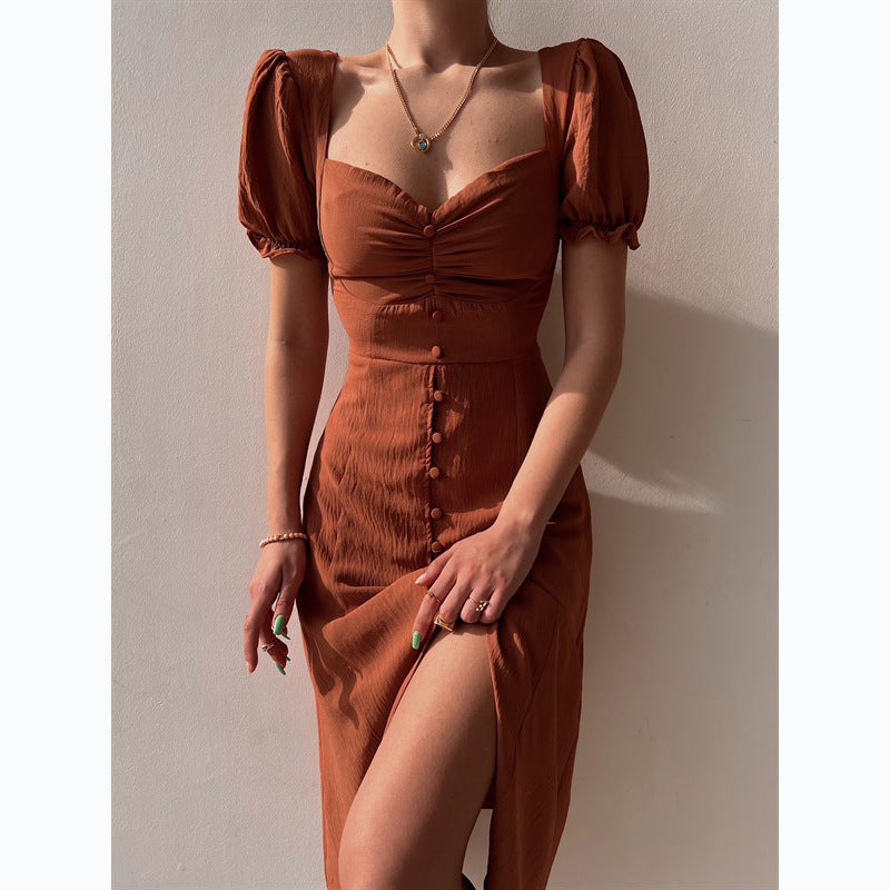 V-neck Single-Breasted Elegant Midi Dress
