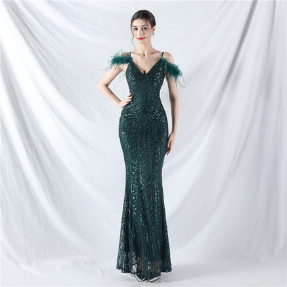 Positioning Floral Sequin Craft Order Ostrich Hair High End Evening Dress