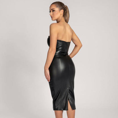 Solid Color Faux Leather Elegant Slim-Fit Tube Top Back Slit Midi Dress