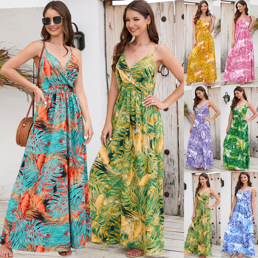 Bohemian Printed Maxi Dress V neck Strap Dress