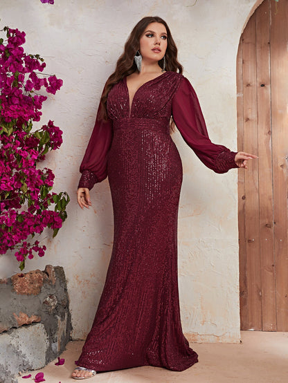 Plus Size Sequin Formal Dress Sequin Long Sleeve V neck Prom Party Dress Fishtail Dress